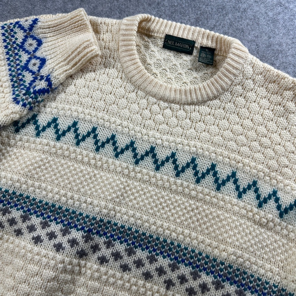 Neil Martin Wool Fair Isle Sweater Mens XL Cream Blue Nordic Chunky Knit Vintage
